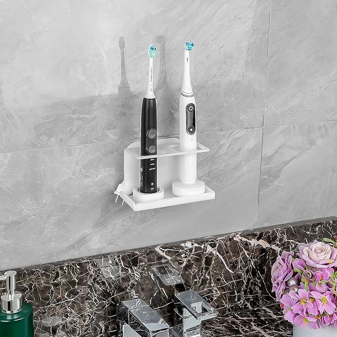 2Pack Electric Toothbrush Holder Wall Mounted, Electric Toothbrush Cord Organizer Holds 2 Chargers, Self Adhesive Electric Toothbrush Stand for Bathroom, Medicine Cabinet, Dorm(White)