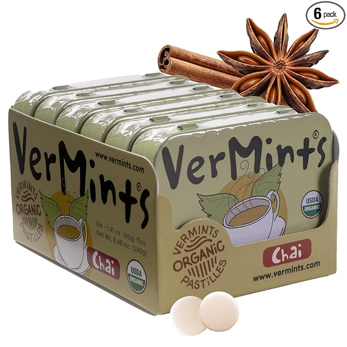 VerMints Organic Breath Mints - Real, Lasting Chai Flavored Pastilles - Breath Fresheners in Travel Mint Tins - Non-GMO, Nut Free, Gluten Free, Kosher & Vegan Candy - 1.41oz (Pack of 6)