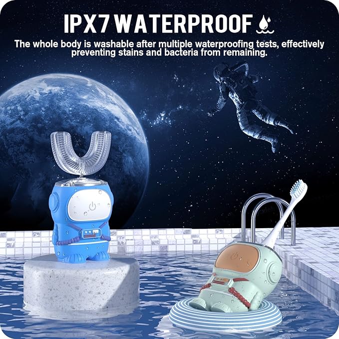 Ultrasonic Kid's U-Shaped Electric Toothbrush, IPX7 Waterproof, Five Cleaning Modes, 60S Smart Reminder (Cartoon Astronaut, Green Ages 2-6)