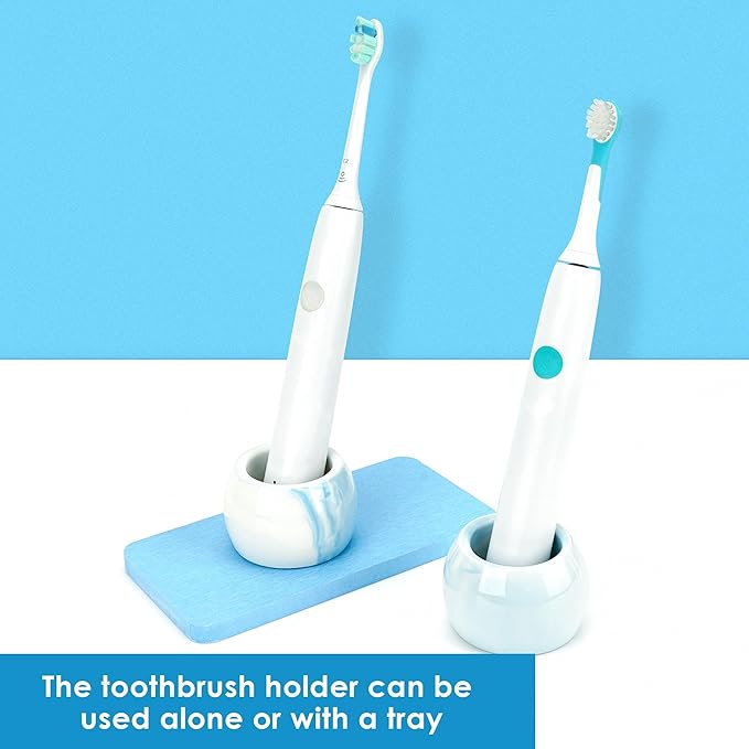 2 Pack Ceramic Toothbrush Holder with Diatomite Toothbrush Tray for Bathroom Shower Countertop Storage Organizer, Small Toothpaste Razor Electric Tooth Brush Head Stand (Blue)