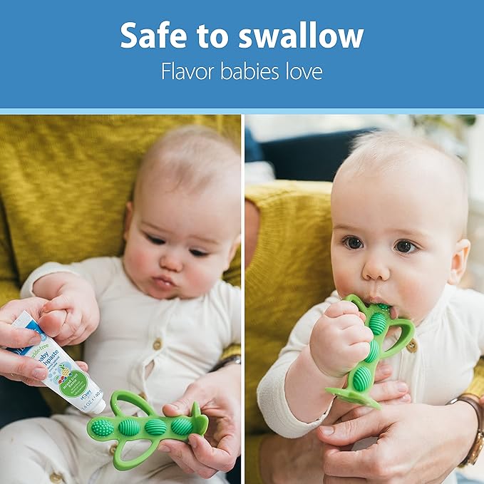 Dr. Brown's Peapod Teether and Training Toothbrush, Soft and Safe for Baby Gums and Baby Toothpaste, Strawberry Flavor Toddlers and Kids Love, Fluoride Free, Made in The USA, 0-3 Years, 1.4oz