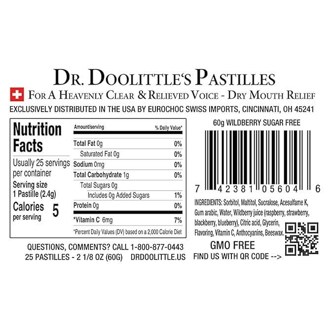 Dr. Doolittle’s Sugar Free Soft Fruit Pastilles for Voice and Throat, Wild Berries Flavor, 2.12 Ounce Tin, approximately 25 Count Package