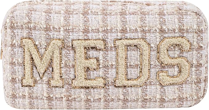 Personalized Chenille Letter Patch Checkered MEDS Bag,Cute Plaid Patter Drug Medicine Travel Makeup Bag with Zipper, Preppy Vitamin Organizer Bag for Women and Girls (06Beige Checkered)