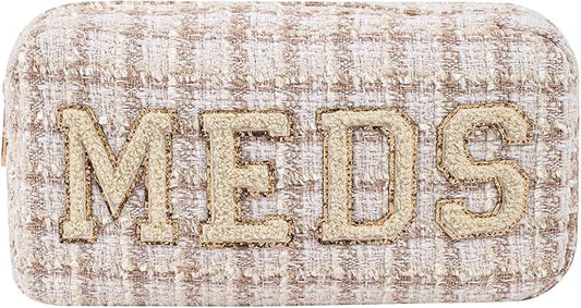 Personalized Chenille Letter Patch Checkered MEDS Bag,Cute Plaid Patter Drug Medicine Travel Makeup Bag with Zipper, Preppy Vitamin Organizer Bag for Women and Girls (06Beige Checkered)