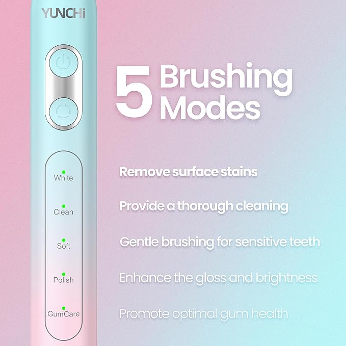 YUNCHI Sonic Electric Toothbrush for Adults & Teen, Rechargeable Battery Electric Toothbrush, 8 Brush Heads, 5 Modes, 44000 VPM Motor, 2 Min Smart Timer, IPX7 Waterproof, Travel Case, 90 Days-Gradient