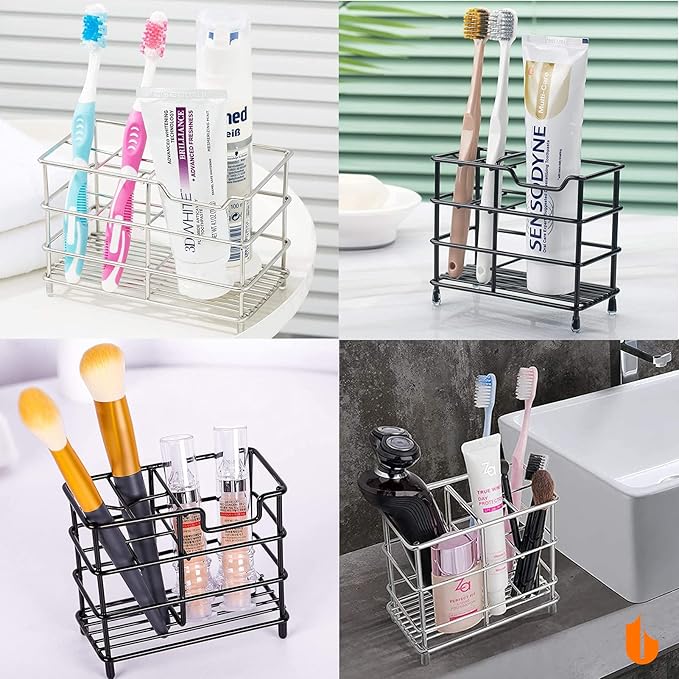 Urbanstrive 304 Stainless Steel Bathroom Toothbrush Holder Toothpaste Holder Stand Bathroom Accessories Organizer (Silver, Small)