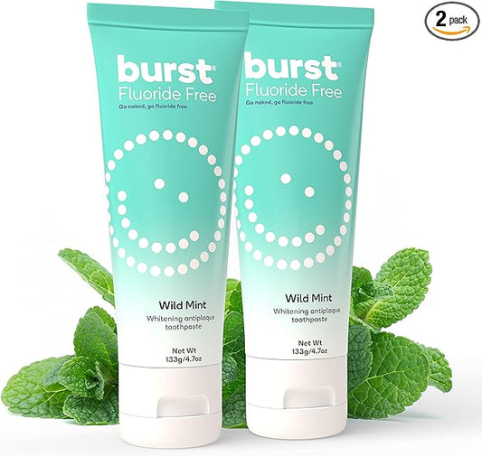 BURST Fluoride Free Whitening Toothpaste for Stain Removal (4.7oz/2 Pack/Wild Mint) | for Sensitive Teeth | with Xylitol | Vegan, Gluten & SLS Free