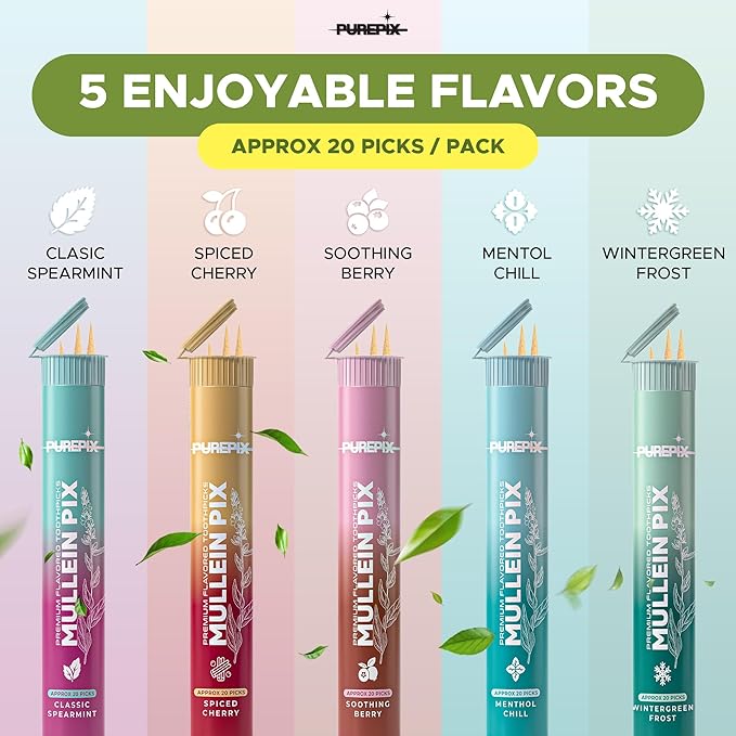 Mullein Pix, Extra Thick Flavored Toothpicks Infused with Mullein Leaf, Natural Quit Smoking Alternative, Lung Cleanse Support, Nicotine Free, Kosher Vegan, Made in The USA (Spiced Cherry 3 Pack)