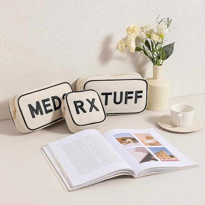uekeboag 3Pcs Canvas Chenille Letter Medicine Makeup Bag, Small Travel Washable Organizer Bag for Purse with Zipper, Cute Personalized Gift Pouch For Women and Girls(3Pcs Bags)