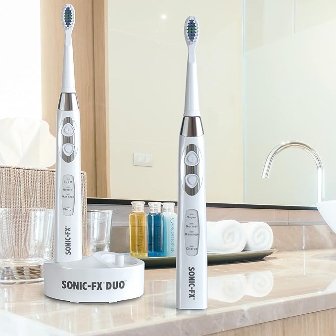Sonic-FX Duo Rechargeable Electric Toothbrush Set - with 14 Brush Heads, 3 Modes, Smart Auto-Timer, Charging Dock Holder - Dual Handle Electric Tooth Brush for Adults & Kids, White
