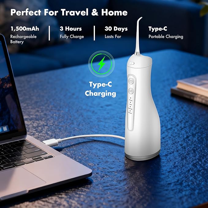 Dygoophy® K2 Rechargeable Oral Irrigator & Water Flosser | 300ml Large Tank, IPX7 Waterproof, 4 Cleaning Modes, 30-Day Battery Life, Low Noise for Braces, Gum Care & Teeth Whitening (White)
