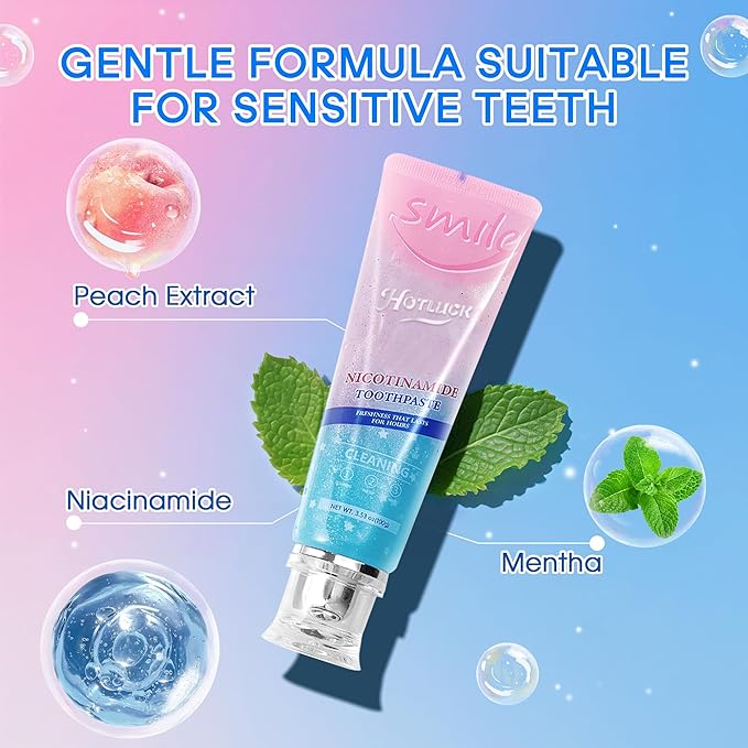 Hotluck Niacinamide Whitening Toothpaste - Brightening, Stain Removal, Freshening Breath - Deep Gentle Cleaning Tooth Paste, Boosting Gum Health, Mint & Peach 3.53oz (Pack of 4)