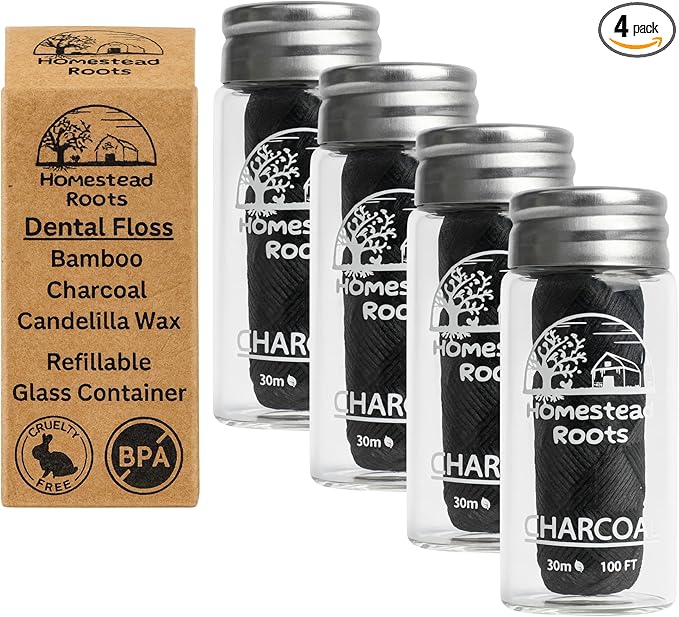 Natural Bamboo Dental Floss 4 Pack - Refillable Glass Containers (100 Feet Each) - Zero Waste, Vegan, Non Toxic, Extra-Strong Charcoal-Infused Floss