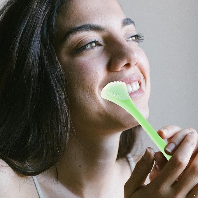 Silicone Tongue Scraper Double-Sided Tongue Cleaner for Adults Oral Care Tool Breath Freshening Portable Handheld Mint Green