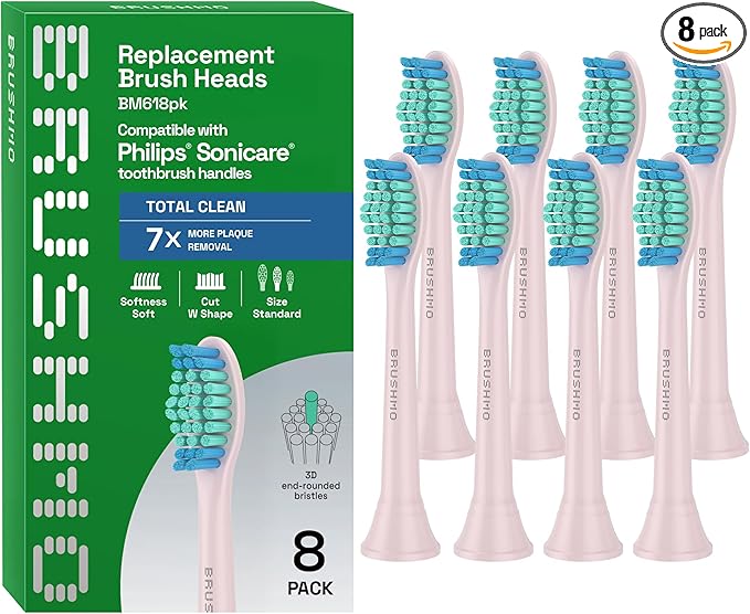 Brushmo Total Clean Replacement Toothbrush Heads, Compatible with Philips Sonicare Click-on Electric Toothbrush Handles, 8 Standard Replacement Heads, Soft Dupont Bristles, BM618, Pink
