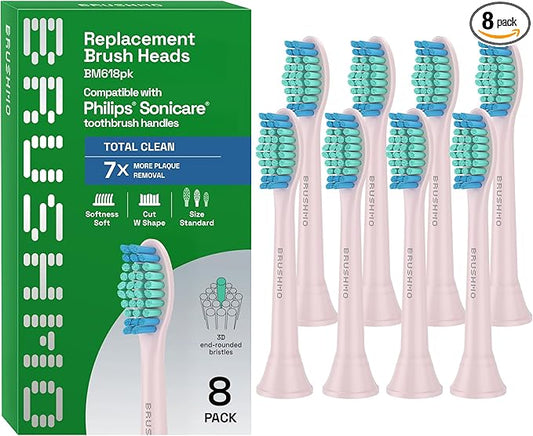 Brushmo Total Clean Replacement Toothbrush Heads, Compatible with Philips Sonicare Click-on Electric Toothbrush Handles, 8 Standard Replacement Heads, Soft Dupont Bristles, BM618, Pink