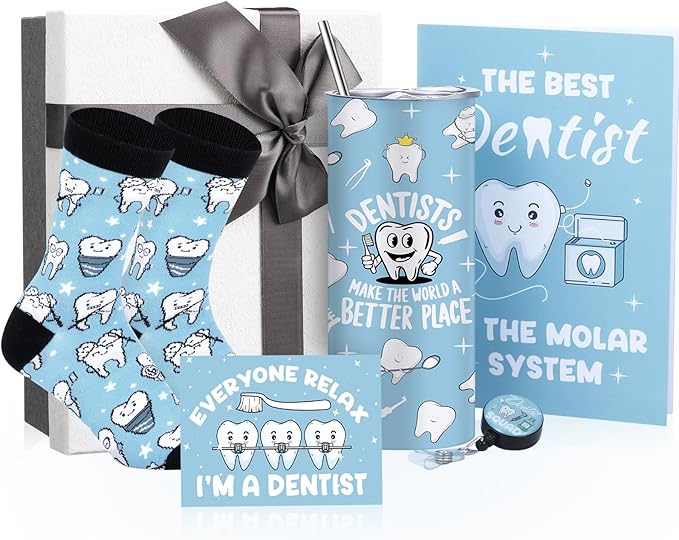 Geiserailie 8 Pcs Dentist Gifts Set for Men Women Dental Assistant Gift Include 16oz Stainless Steel Tumbler Badge Holder Socks Pen Notebook Keychain Greeting Card for Thank You Birthday Gift