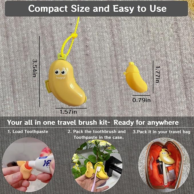 2-in-1 Travel toothbrush holder-Toothbrush covers with Toothpaste case,Portable Reusable Organizer with Banana smile-cute toothbrush cap for Electric&Manual Toothbrush,Ideal for Home&Travel(Yellow)