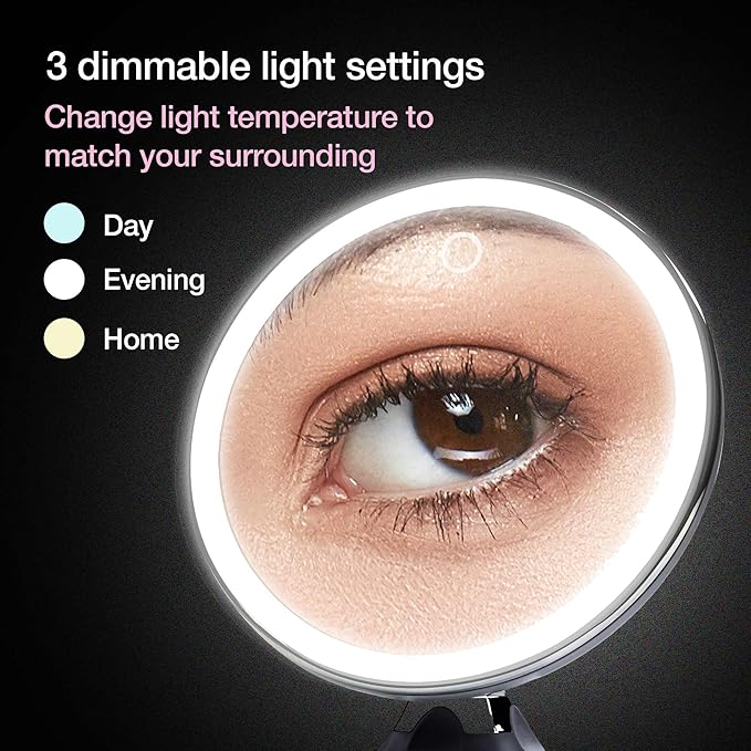 Fancii Rechargeable 10X Magnifying Makeup Mirror with 3 Light Settings - Large 8 inch Lighted Travel Vanity Mirror, Locking Suction Cup, 40pcs Dimmable LEDs, 12 Hours Battery Life - Luna 2
