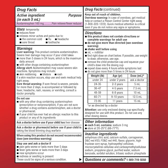 Amazon Basic Care Children's Pain Reliever Oral Suspension Liquid, Bubblegum Flavor, Acetaminophen 160 mg per 5 ml, Effective, Fever Reducer for Age 2-11 Years, Red, 4 fl oz (Pack of 1)