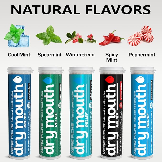 Xero Picks Infused Tooth Picks for Long-Lasting Fresh Breath & Dry Mouth Prevention - 20 Picks (Variety Mints, 5 Pack)-Spearmint, Cool Mint, Wintergreen, Peppermint, Spicy Mint