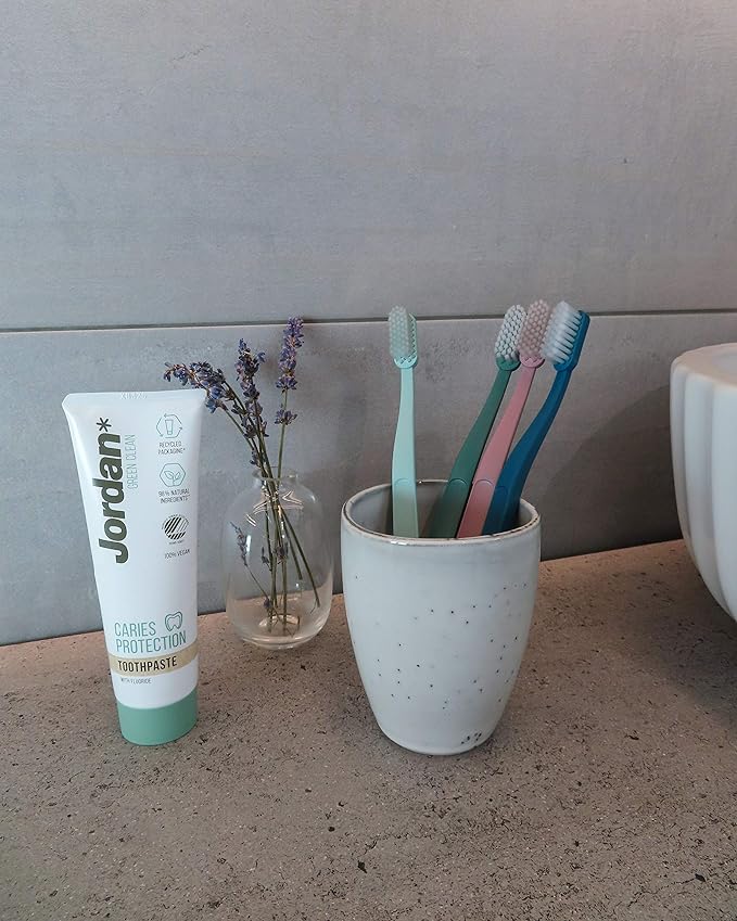 Jordan Green Clean Manual Toothbrush - Sustainable, Scandinavian Design, Soft Bristles, Mixed Colors, 4 Units