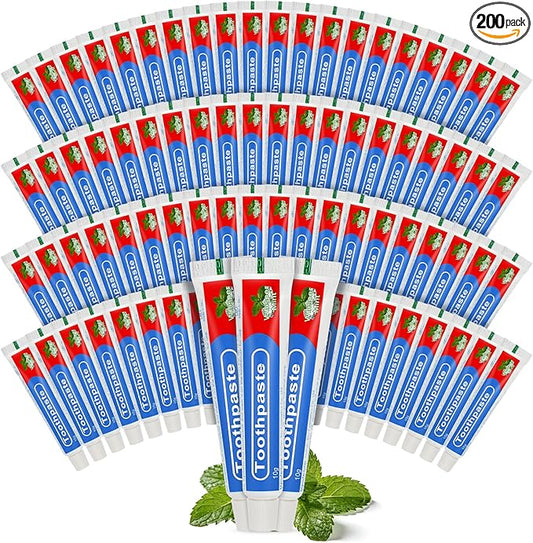 Travel Toothpaste Bulk, 10g/0.35oz Red & Blue Disposable Toothpaste Suitable for Hotels, Camping, Guests, Homeless Individuals, Charities (200-PACK)