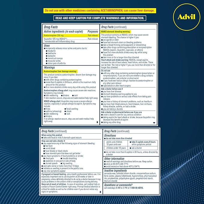 Advil Dual Action Coated Caplets with Acetaminophen, 250 Mg Ibuprofen and 500 Mg Acetaminophen per Dose (2 Dose Equivalent) for 8 Hour Pain Relief - 216 Count