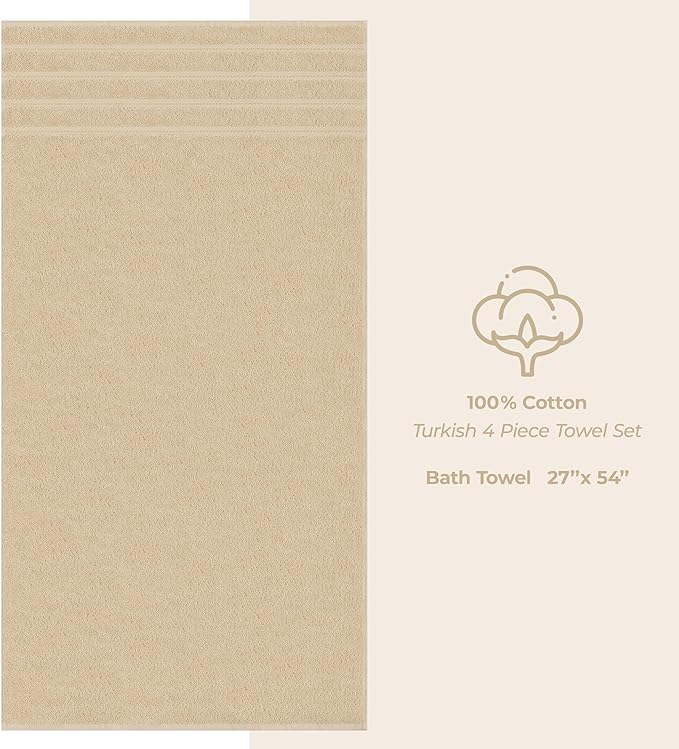 American Soft Linen Luxury 4 Piece Bath Towel Set, 600 GSM 100% Cotton Turkish Bath Towels for Bathroom, 27x54 in Extra Large Bathroom Shower Towels, Beige