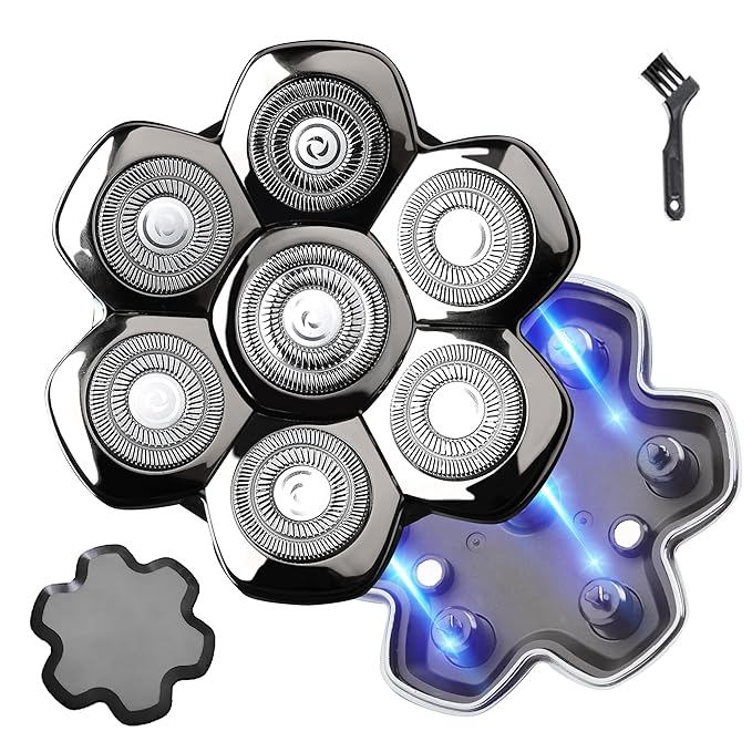 Universal Magnetic Detachable 7D Replacement Heads For Electric Head Razor Stainless Steel Shaver Blades for Bald Men's Smooth Shave (7D Silvery)