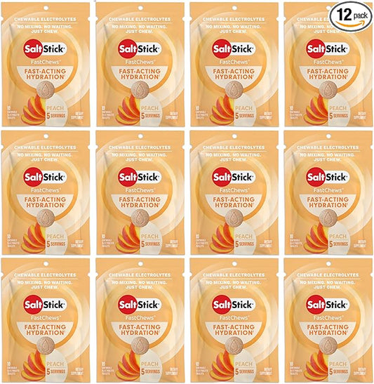 SaltStick Electrolyte FastChews - 120 Peach Chewable Electrolyte Tablets - Electrolyte Chews, Salt Tablets - 12 Packets, 10 Tablets Each