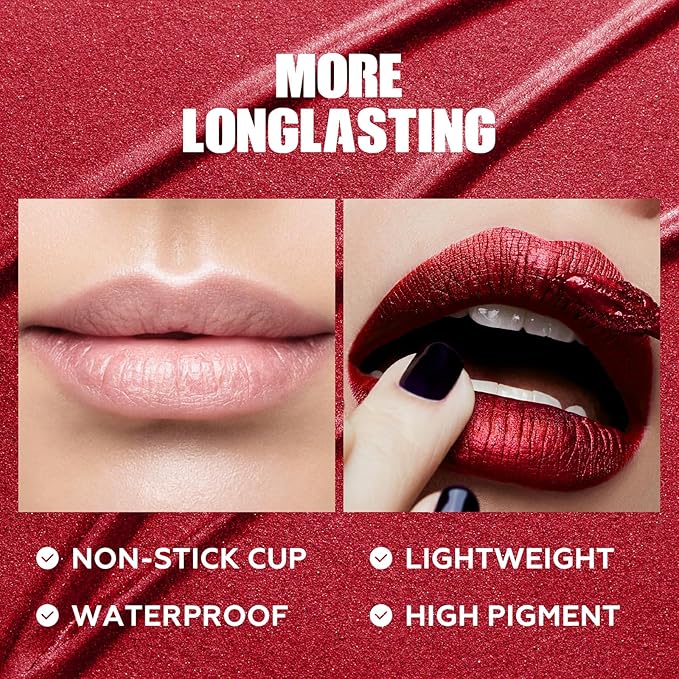 FOCALLURE Metallic Liquid Lipstick,Non Stick Cup Lip Gloss,High Impact Lip Color with Transfer-proof Wear,Long Lasting & Waterproof Lipstick Makeup for Women,RD06 FULL HOT
