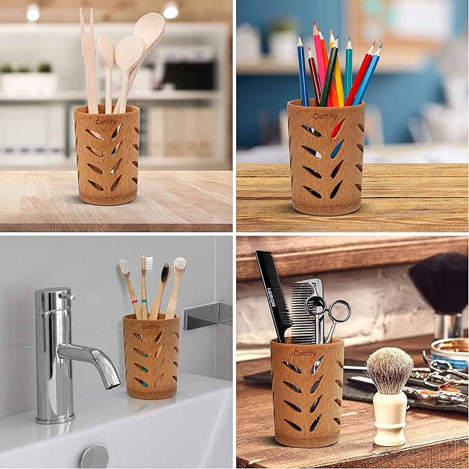 2-Pack of Eco-Friendly Bamboo Toothbrush Holders - Sustainable, Single Piece Wood Design with Drainage - Toothbrush Holders for Bathrooms - Functional, Well-Vented Bamboo Toothbrush Holder Set of 2