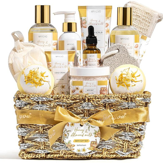 Birthday Gifts for Women, Honey & Almond Milk Relaxing Spa Gift Baskets for Women Self Care Package Bath Gift Set, Home Bath and Body Kit Pamper Valentines Day Gifts for Her Womens Mom Friends Sister