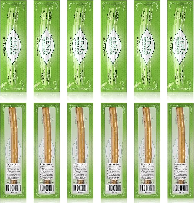 Zenia Sewak Natural Miswak Toothbrush - Vacuum Sealed Natural Flavor Traditional Peelu Toothbrush Stick - for Healthy Gums, Teeth, and Fresher Breath (Pack of 12)