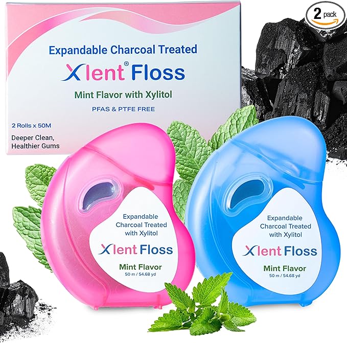 Expandable Dental Floss Treated with Activated Charcoal with Xylitol and Natural Plant Based Wax | Mint Flavor | PFAS & PTFE Free | Pack of 2 (50 m Floss Containers)