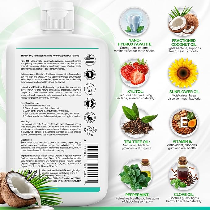 Nano-Hydroxyapatite Oil Pulling Whitening Mouthwash for Teeth and Gums, Natural & Organic, Whitens Teeth, Strengthens Enamel, Fights Bad Breath & Plaque – Smooth & Non-Greasy – for Adults & Kids