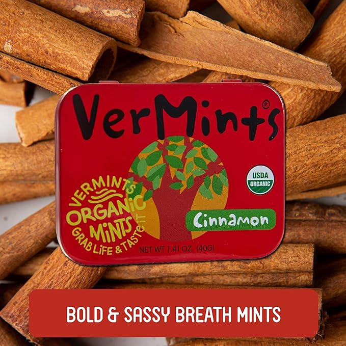 VerMints Organic Cinnamon Breath Mints - Real Lasting Cinnamon Refreshment - Travel Size Tin - Non-GMO, Nut Free, Gluten Free, Vegan & Kosher Organic Flavored Mints - 1.41 oz (6 Pack)