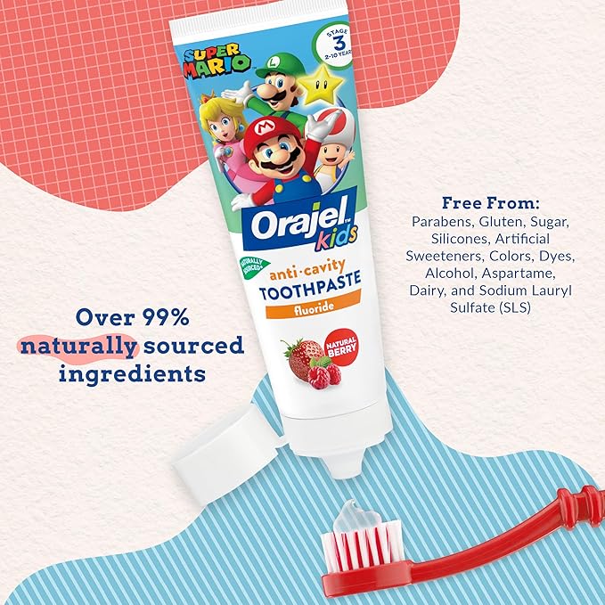 Orajel Kids Super Mario Anti-Cavity Fluoride Toothpaste, Natural Berry Flavor, 4.2oz Tube, 4-Pack