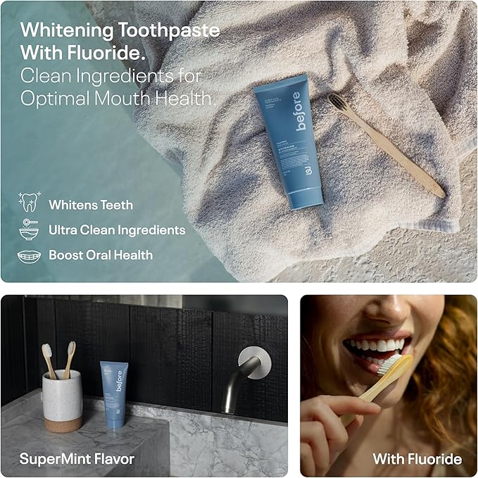 Before | Whitening Anti-Cavity Toothpaste | Vegan, Reduces Plaque for Gum Health, Balanced Foaming, Low Abrasion, Long Lasting Minty Fresh Breath, Plant-Based 3.5oz Tubes, Made in The USA — 2 Pack