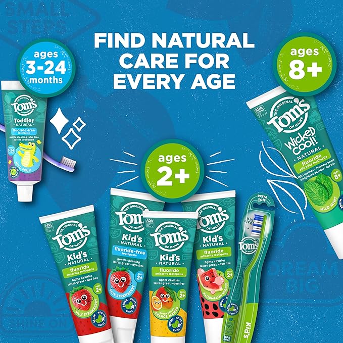 Tom's of Maine Anticavity Kids Natural Toothpaste Variety Pack, Strawberry, Orange Mango, Watermelon Flavors, Kids Toothpaste with Fluoride, Safe for Ages 2 and Up, 5.1 oz (Pack of 3)