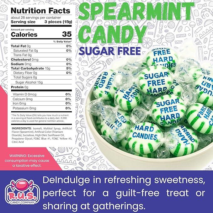 Sugar Free Spearmint Hard Candy – About 150 Individually Wrapped Breath Mints – Bulk 2 Pound Bag – Refreshing Mint Flavor – Ideal for Diabetics and Health Conscious Individuals (2 Pound, Spearmint)