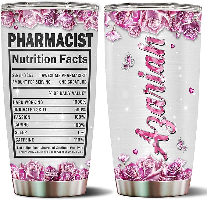 Personalized Pharmacist Gifts For Women Pharmacy Mug Coffee Tumbler Cup For Wife Daughter Mom Christmas Birthday Mother's Day Valentine 20oz Insulated Stainless Steel Water Bottle With Lid