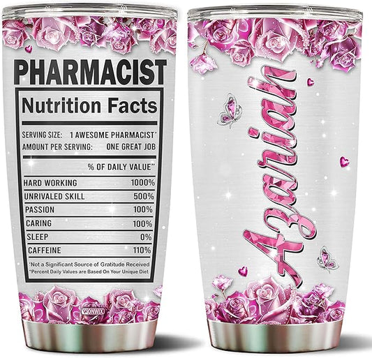 Personalized Pharmacist Gifts For Women Pharmacy Mug Coffee Tumbler Cup For Wife Daughter Mom Christmas Birthday Mother's Day Valentine 20oz Insulated Stainless Steel Water Bottle With Lid