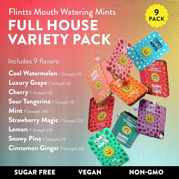 Flintts Mints Full House – Sugar Free Mouthwatering Mints for Dry Mouth Relief & Freshness – Vegan Oral Health Support with Sparkle Effect – Pocket Travel Saliva Substitute, Lozenges Alternative, Variety Pack