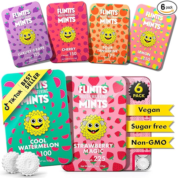Flintts Mints Fruit Troop – Sugar Free Mouthwatering Mints for Dry Mouth Relief & Freshness – Vegan Oral Health Support with Sparkle Effect – Pocket Travel Saliva Substitute, Lozenges Alternative