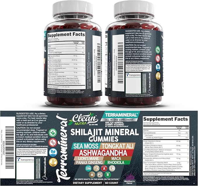 Terramineral Shilajit Gummies with Irish Sea Moss Tongkat Ali Ashwagandha Lion's Mane MACA Panax Ginseng Rhodiola & Cordyceps by Clean Nutra (1)