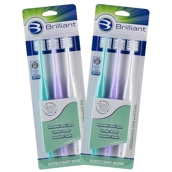 Brilliant Oral Care Expectant Mom Toothbrush, a Pregnancy Must Have with Gentle, Extra Soft Bristles, Round Head for Sensitive Teeth and Gums, Assorted Colors, 6 Pack