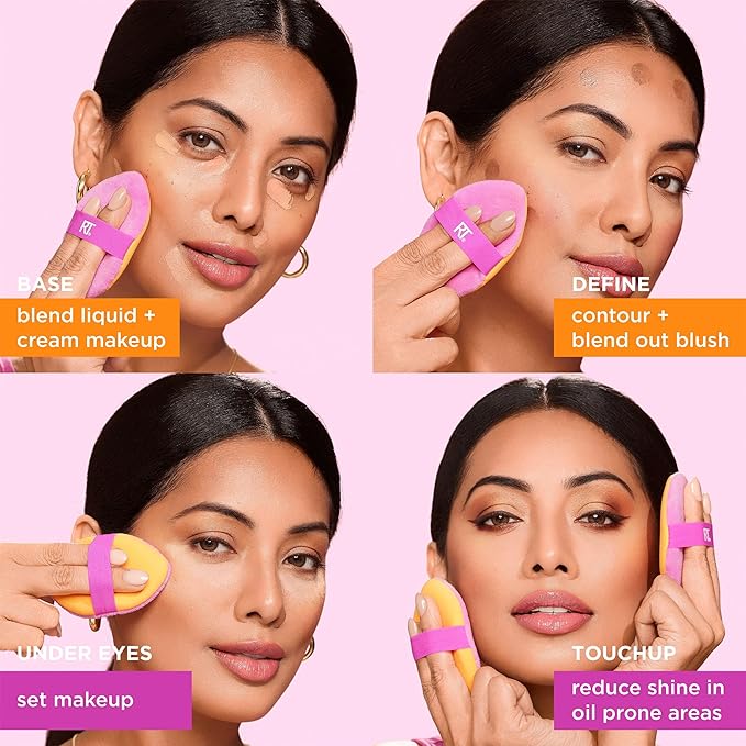 Real Techniques Miracle 2-In-1 Powder Puff, Dual-Sided, Full-Size Makeup Blending Puff, Reversible Elastic Band, Precision Tip Makeup Sponge & Powder Puff, For Liquid, Cream & Powder, 1 Count