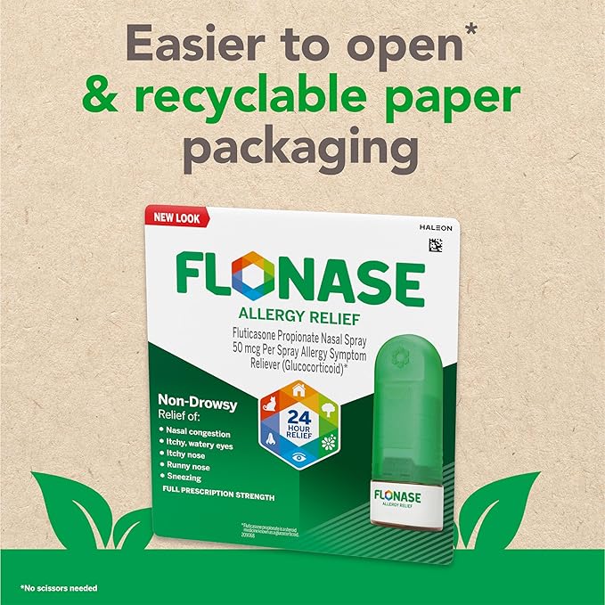 Flonase Allergy Relief Nasal Spray, 24-Hour Non-Drowsy Multi-Symptom Relief 144 Sprays, Bonus Pack of Tissues